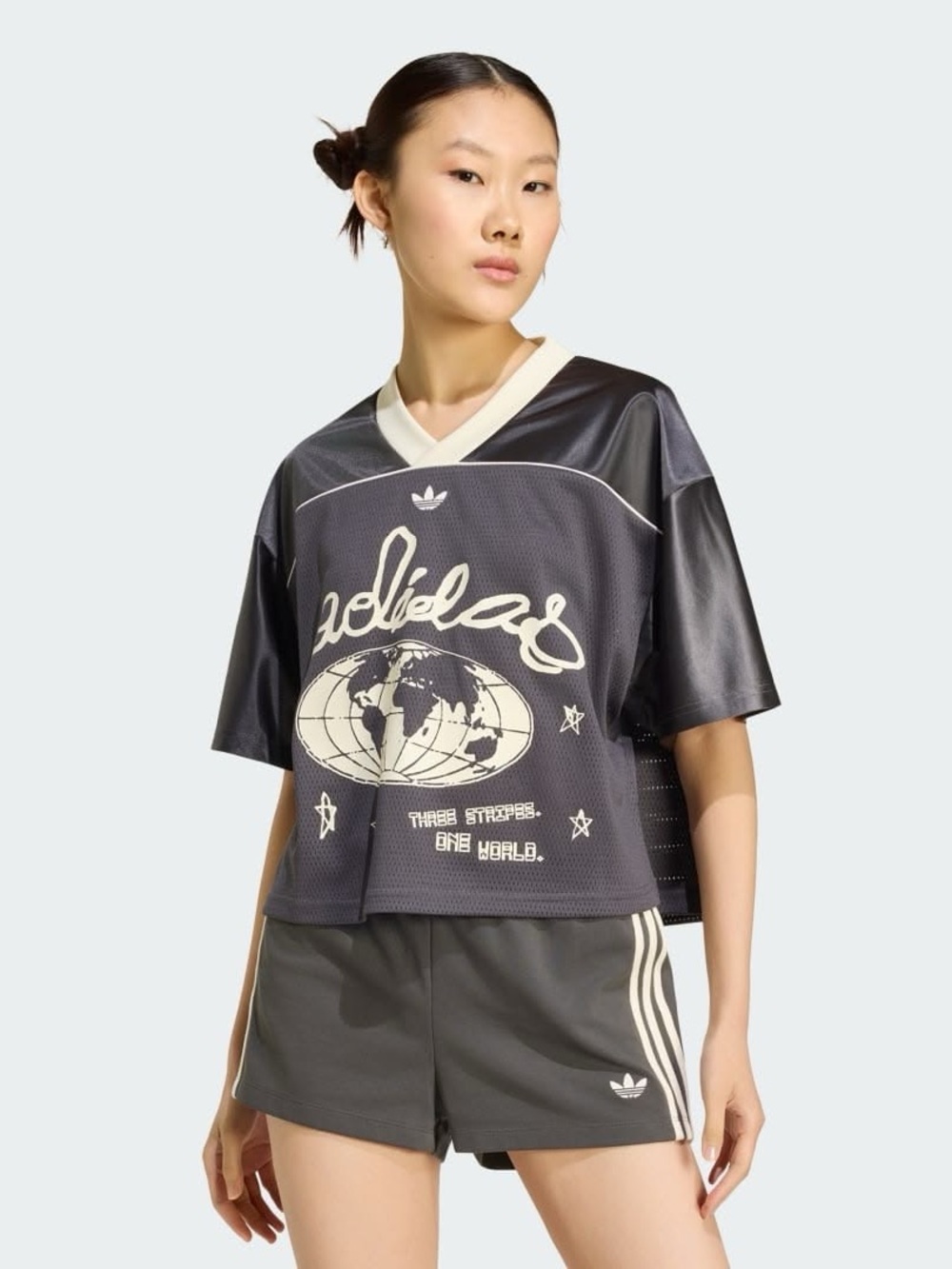 adidas Black and Cream Graphic V-Neck Short Sleeve Jersey - L